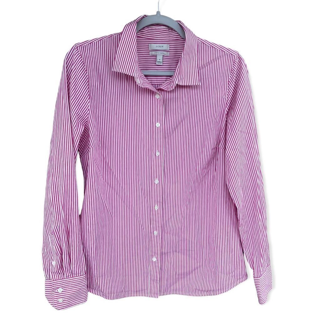 J.CREW Stretch Perfect Womens Button Up Blouse Long Sleeve Pink Striped Size M
